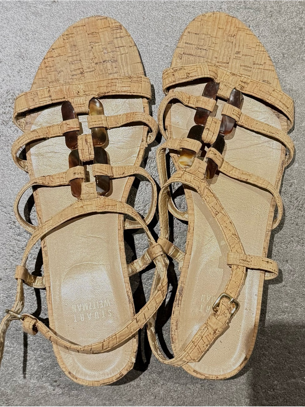 Stuart Weitzman Cork-Strap Sandals with Tortoiseshell Accents - Tan